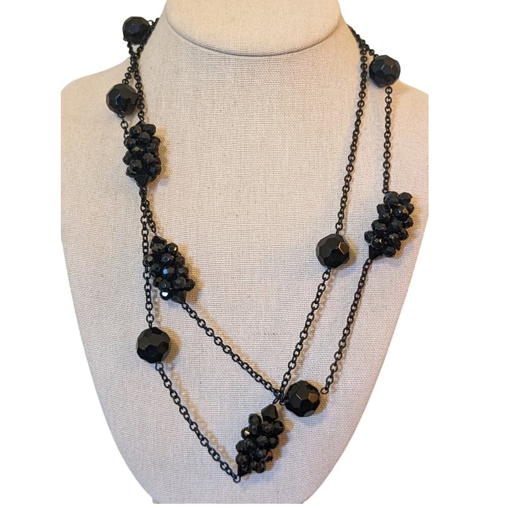 Black Glass Crystal Cluster Bead Black Metal Long Chain 46" Necklace